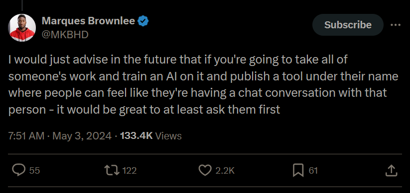 Marques Brownlee on X talking about an AI tool created in his image.
