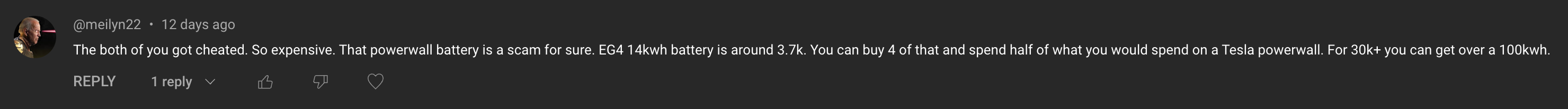 Comment: The both of you got cheated. So expensive. That powerwall battery is a scam for sure. EG4 14kwh battery is around 3.7k. You can buy 4 of that and spend half of what you would spend on a Tesla powerwall. For 30k+ you can get over a 100kwh.