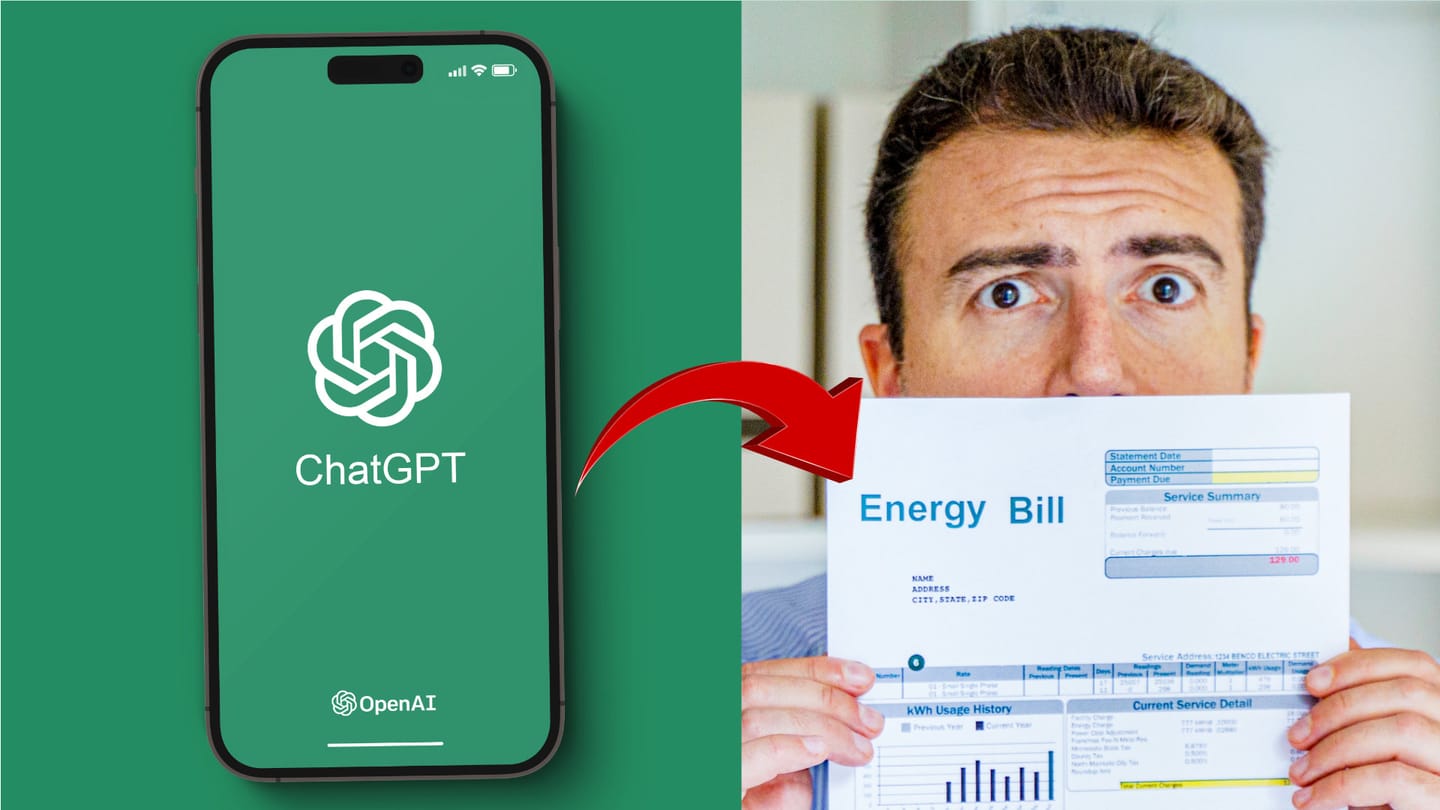 A phone showing ChatGPT, with an arrow pointing at someone holding their power bill