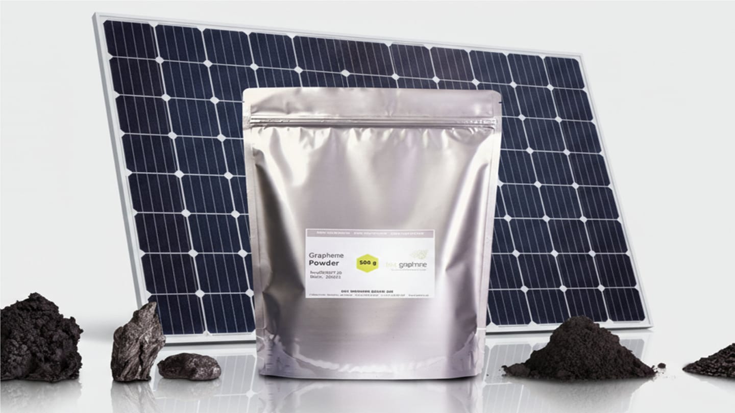 A bag of graphene powder in front of a solar panel