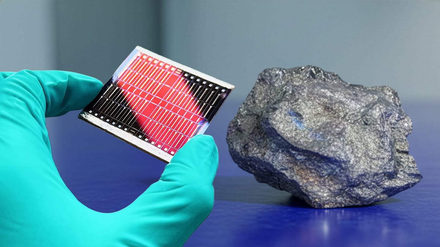 A kesterite solar cell held next to a chunk of metal