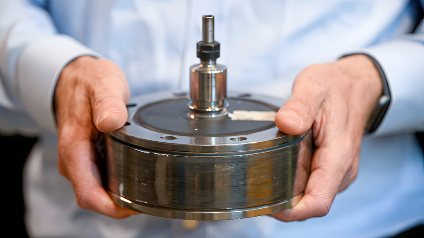 Someone holding a small flywheel in both hands