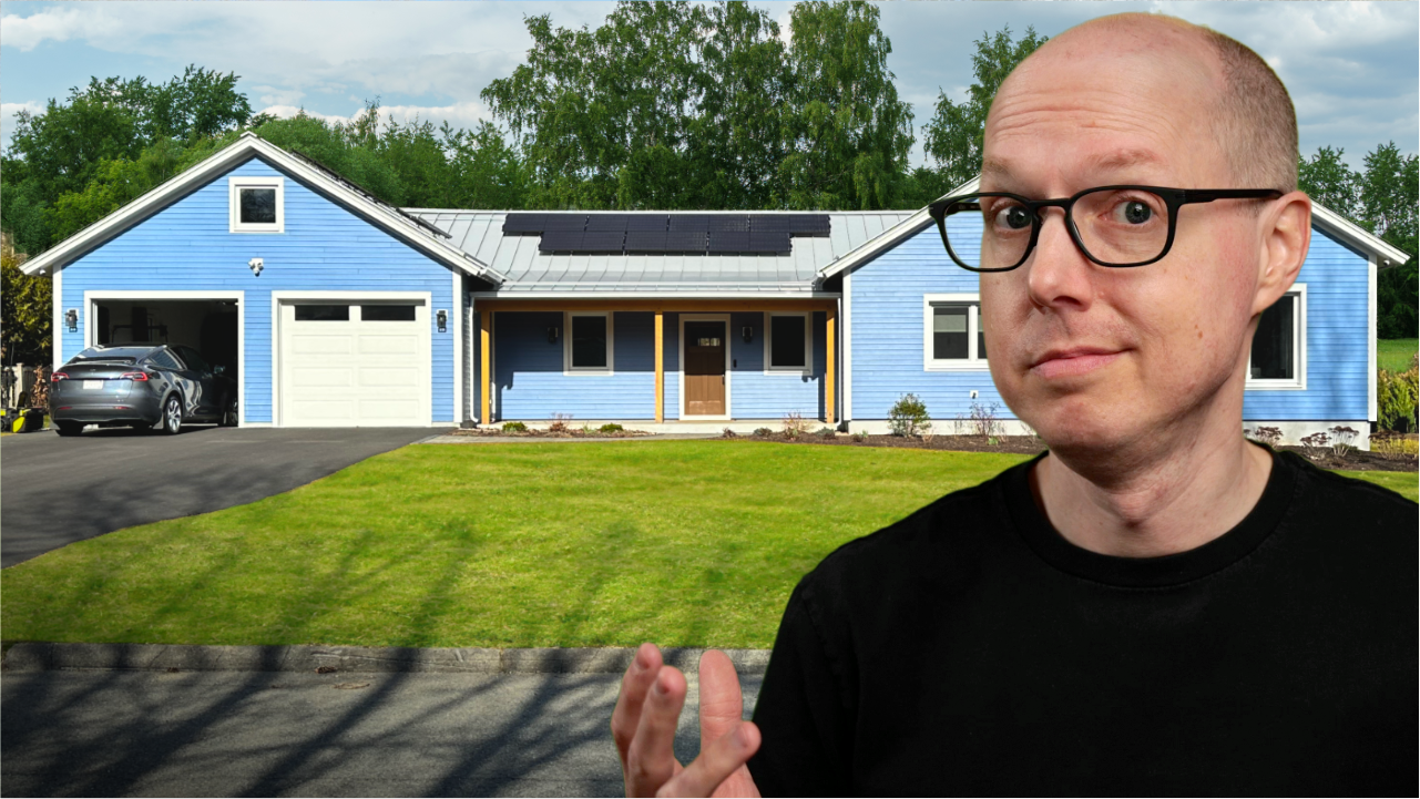 Matt Ferrell gesturing at his Net Zero Home 1 year on