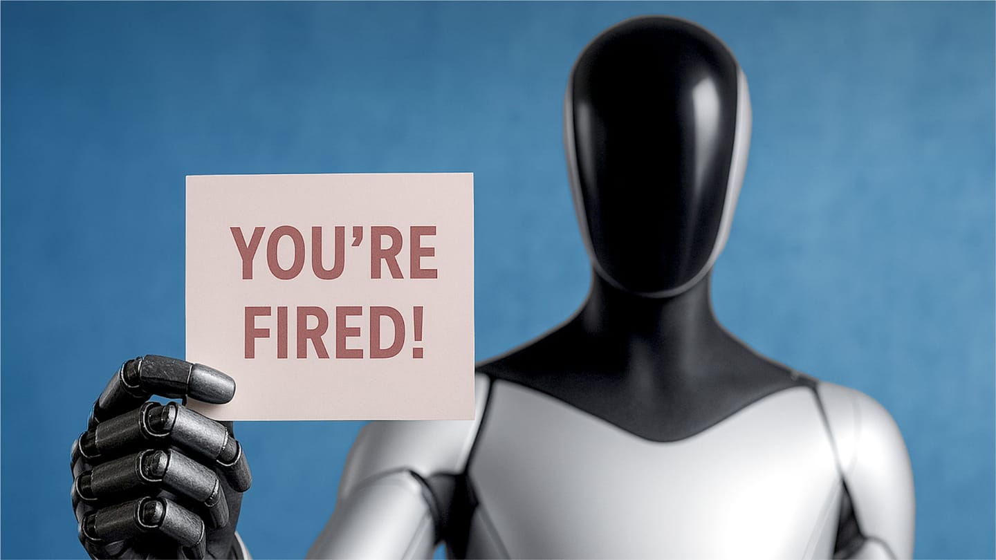 A Robot holding up a "You're Fired!" sign