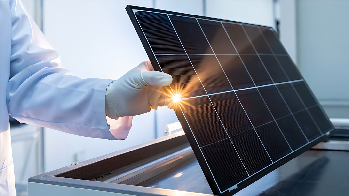 A gloved hand holding up a bifacial solar panel
