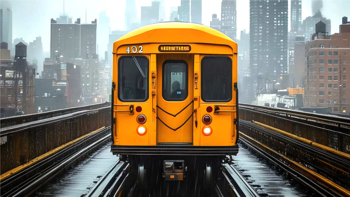 A subway train moving away from a large city