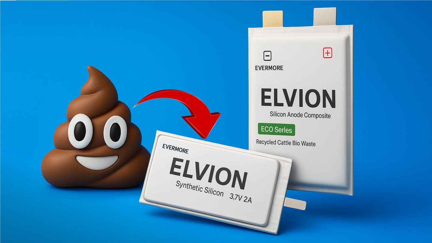 The Poo Emoji with an arrow pointed at two Elvion batteries