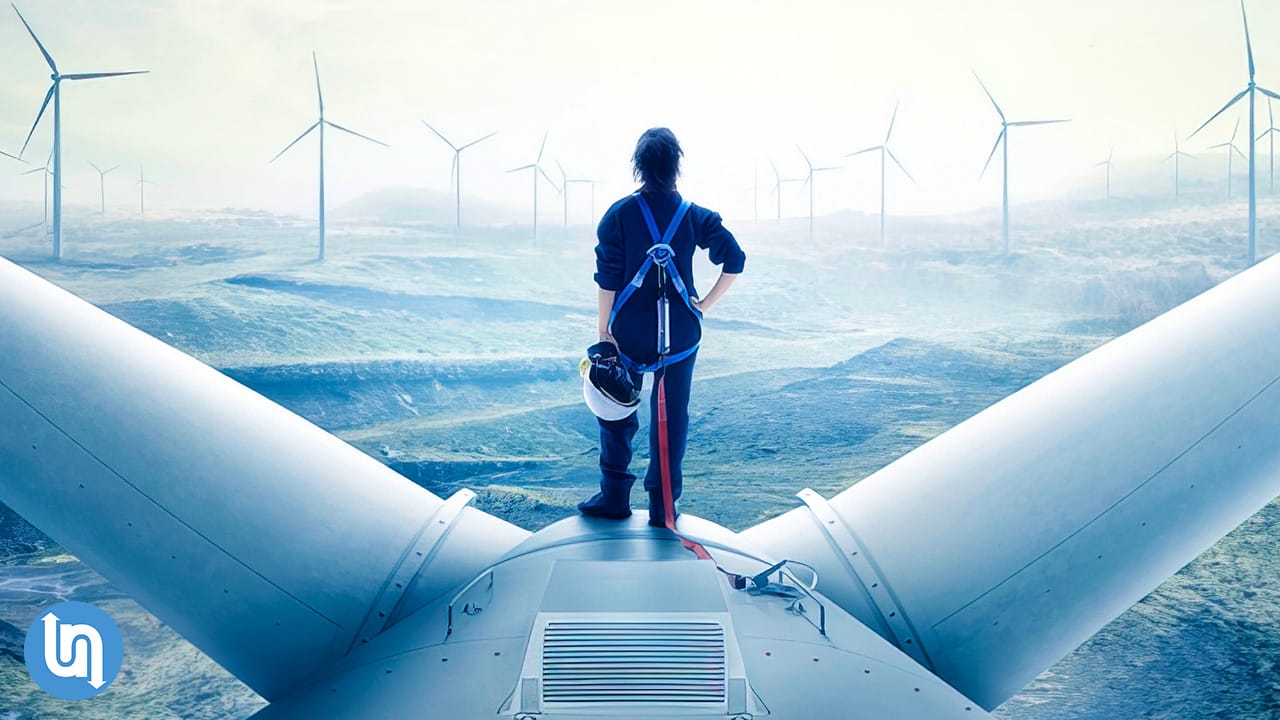 Person stood atop a wind turbine at sea