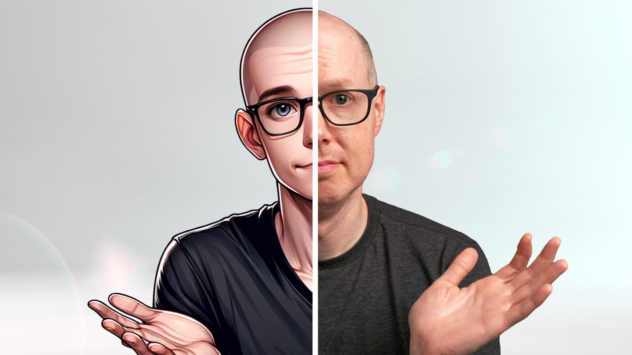 An AI generated image of half of Matt Ferrell, besides the other half of the real Matt Ferrell
