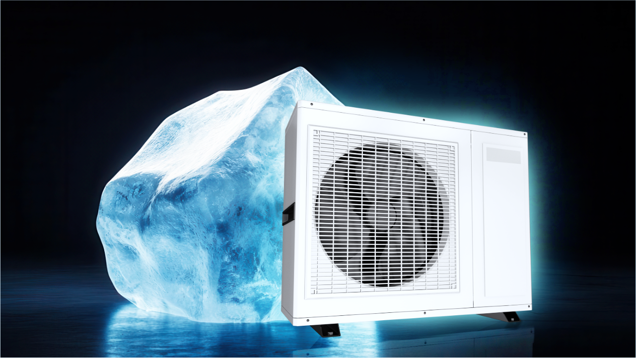 A heat pump front over a large chunk of ice