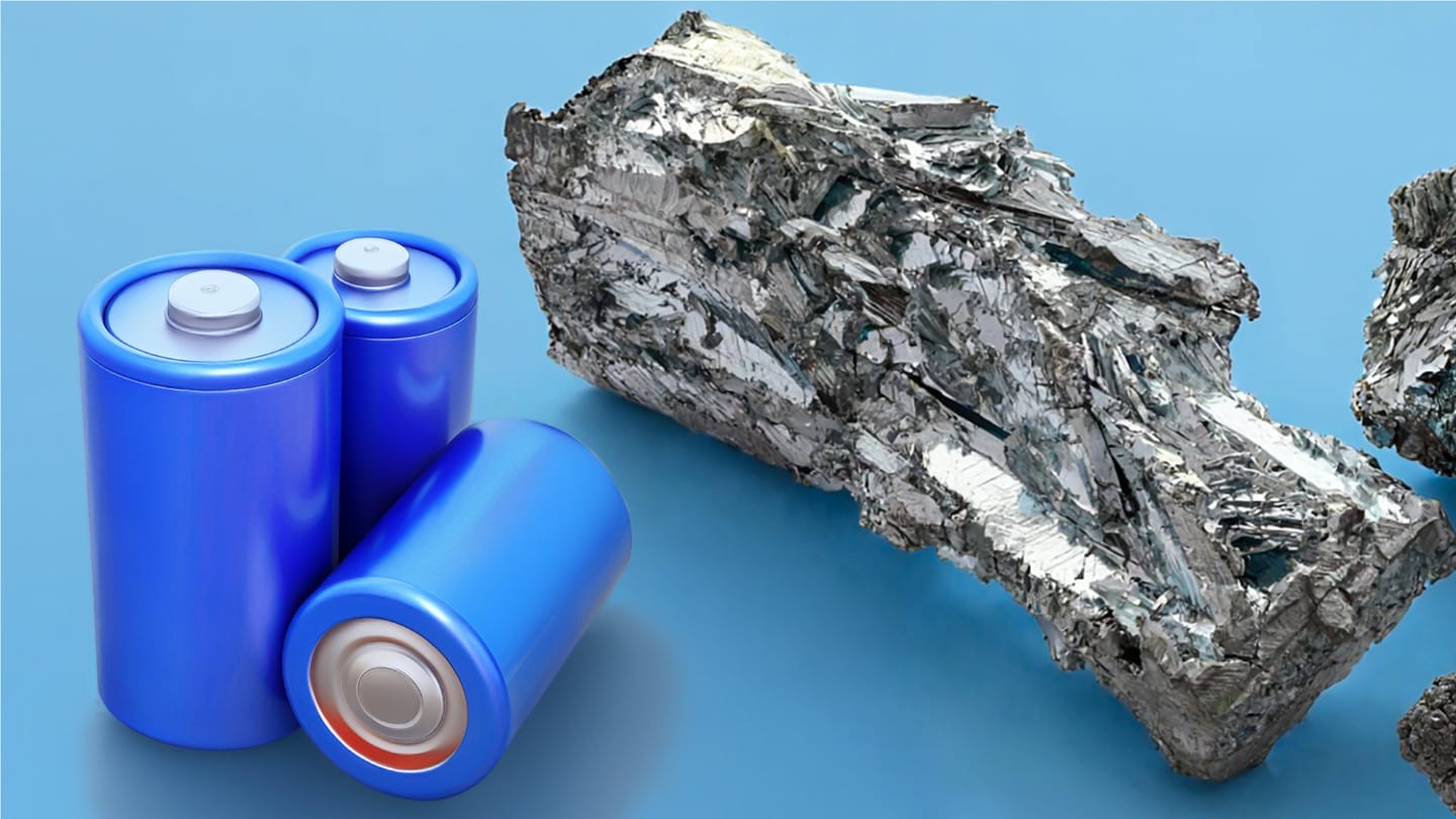 A lump of zinc next to three AAA batteries