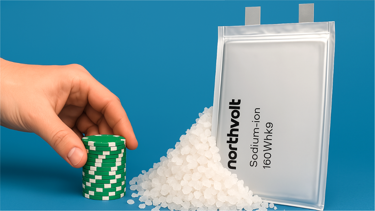 A Sodium-Ion battery with a pile of salt and poker chips next to it